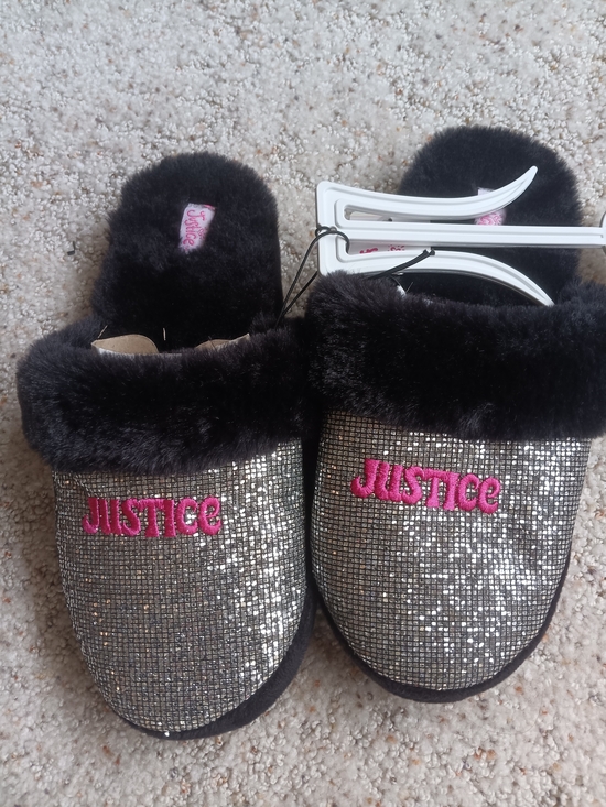 Justice Other - Justice Silver Sequin Slippers with Pink Logo and Black Faux Fur